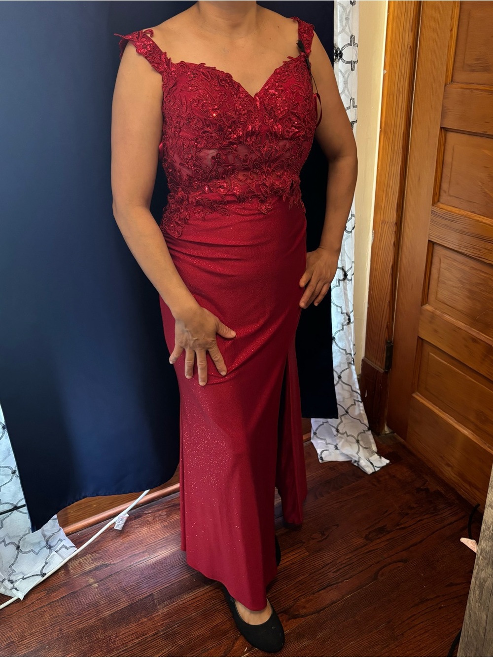 ADORA Wine Red Beaded Lace Maxi Dress